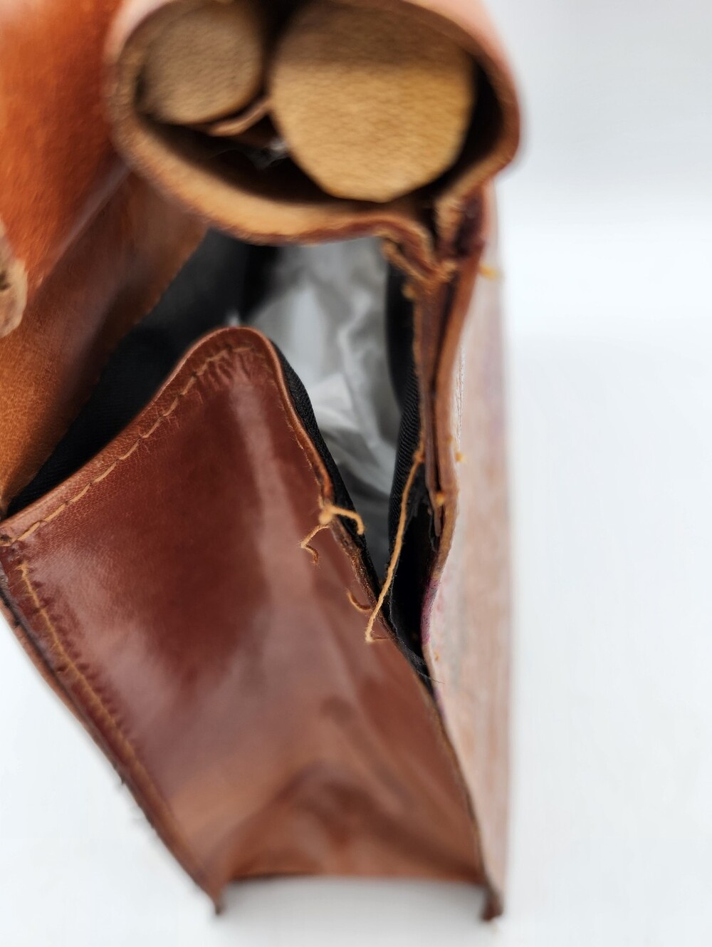 Hand-Tooled Handpainted Vintage Floral Leather Satchel with Wood  Handle  Brown - Picture 4 of 10